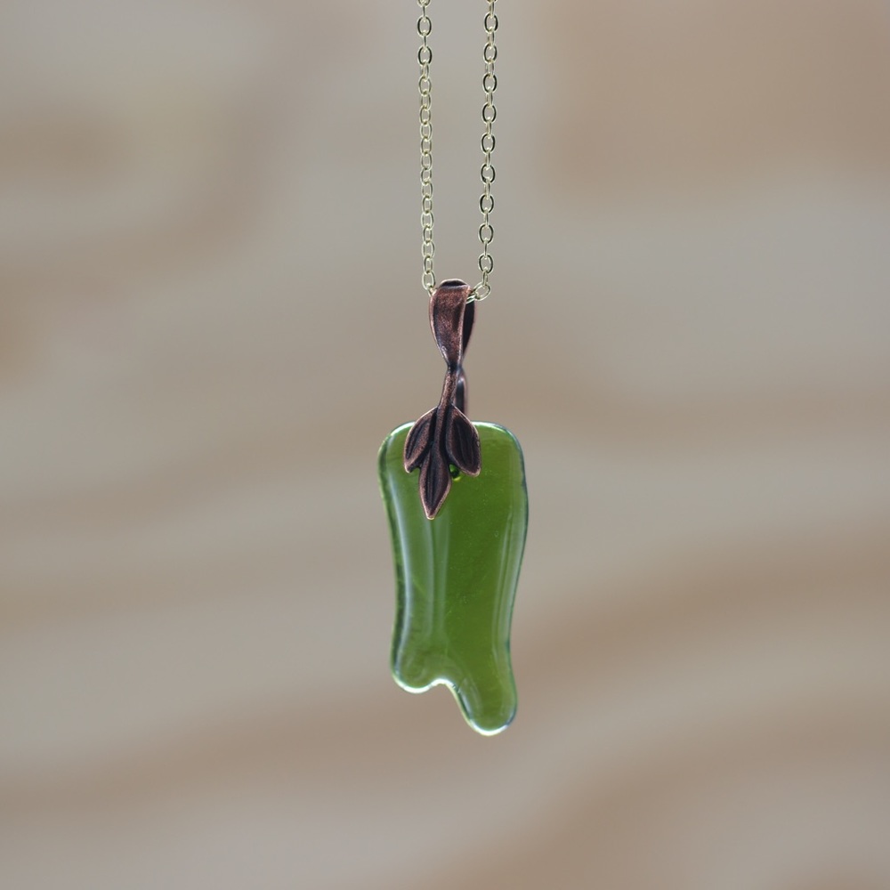 Green Glass Necklace Upcycle Wine Bottle Brass Gold Leaf Nature Jewelry Seaglass
